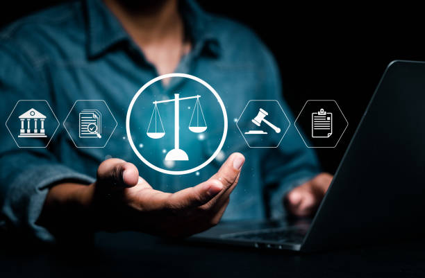 Justice and legal concept, businessman with law icon, paperwork expert consulting, business law, labor law.